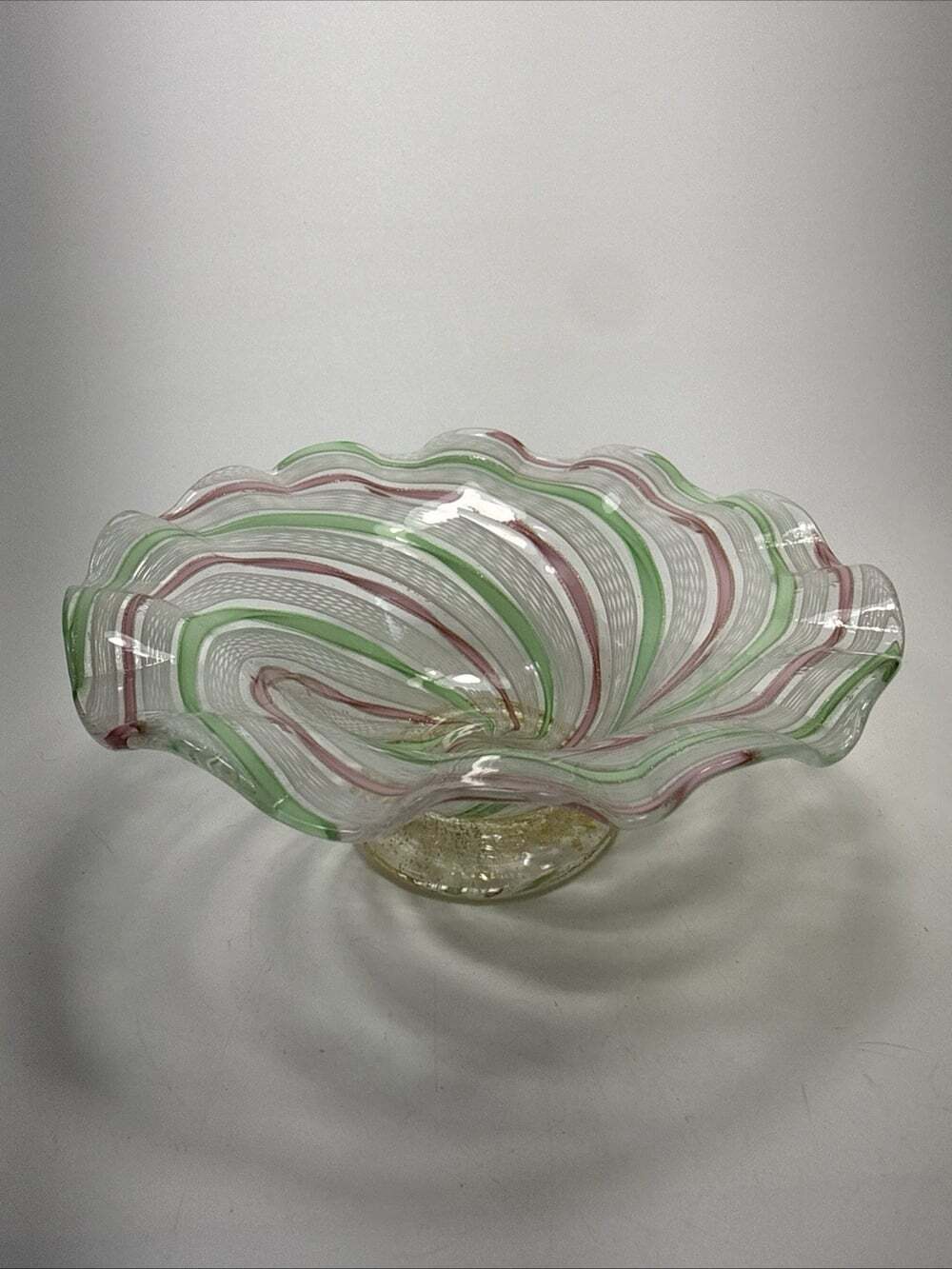 Mid 20th Century Venetian Attributed Murano Latticino green pink White Ribbons